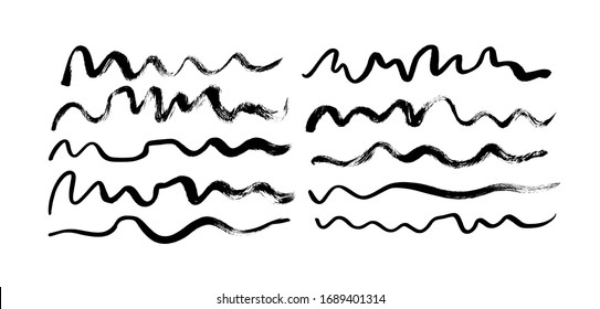 Black paint wavy brush strokes vector collection. Dirty curved lines and wavy brushstrokes. Ink illustration isolated on white background. Grunge smears collection with wavy, doodle, freehand lines.