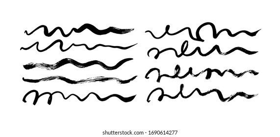 Black paint wavy brush strokes vector collection. Dirty curved lines and wavy brushstrokes. Ink illustration isolated on white background. Grunge smears collection with wavy, doodle, freehand lines.