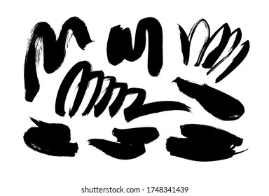 Black paint wavy brush strokes vector collection. Dirty curved lines and wavy brushstrokes. Ink illustration isolated on white background. Modern grunge brush lines. Calligraphy smears, stamps.