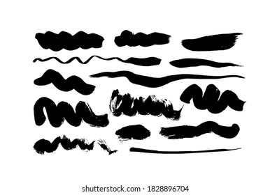Colección vectorial de pinturas onduladas negras de pincel ondulado. Líneas curvas sucias y pinceles ondulados. Ilustración de tinta aislada en fondo blanco. Líneas modernas de pincel de grunge. Marcas de caligrafía, estampillas.