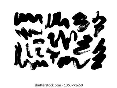 Black paint wavy brush strokes vector collection. Dirty curved lines and wavy brushstrokes. Ink illustration isolated on white background. Modern grunge brush lines. Calligraphy smears, stamps.