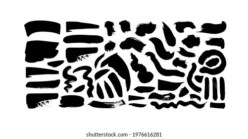 Black paint wavy brush strokes vector collection. Dirty curved lines and wavy brushstrokes. Ink illustration isolated on white background. Modern grunge brush lines. Calligraphy smears, stamps.