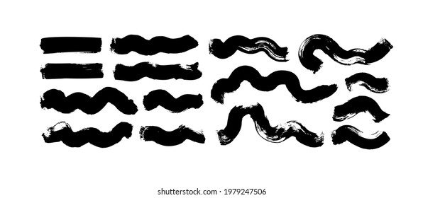 Black paint wavy brush strokes vector collection. Dirty curved lines and wavy brushstrokes. Ink illustration isolated on white background. Modern grunge bold brush lines. Calligraphy smears, stamps.