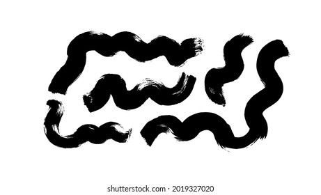 Black paint wavy brush strokes vector collection. Dirty curved lines and wavy brushstrokes. Ink illustration isolated on white background. Modern grunge brush lines. Calligraphy smears, stamps.