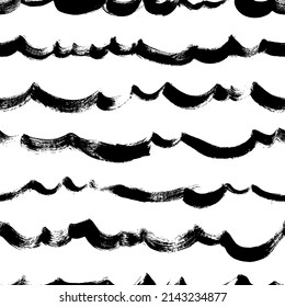 Black paint wavy brush strokes seamless pattern. Dirty curved lines and wavy brushstrokes. Calligraphy vector smears, stamps, curved stripes. Abstract textured background with water lines