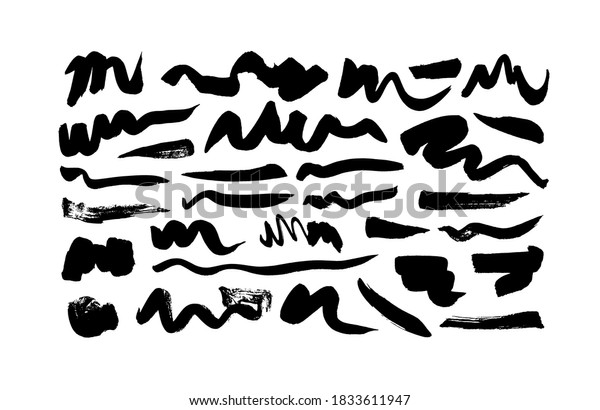 Black paint wavy brush strokes vector collection.\
Dirty curved lines and wavy brushstrokes. Ink illustration isolated\
on white background. Modern grunge brush lines. Calligraphy smears,\
stamps.