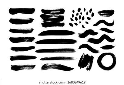 Black paint wavy and straight brush strokes vector collection. Dirty curved lines, wavy brushstrokes, circles. Ink illustration isolated on white background. Modern grunge brush calligraphy smears.