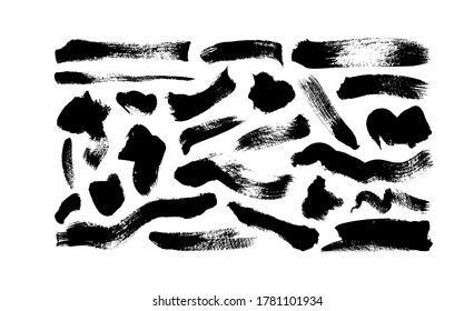 Black paint wavy and straight brush strokes vector collection. Dirty curved lines and wavy brushstrokes. Ink illustration isolated on white background. Modern grunge brush lines. Calligraphy smears.