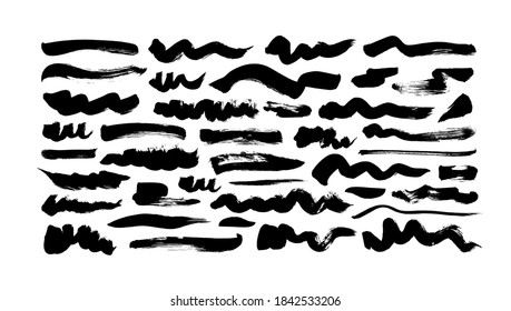 Black paint wavy and straight brush strokes vector collection. Dirty curved lines and wavy brushstrokes. Ink illustration isolated on white background. Modern grunge brush lines. Calligraphy smears.