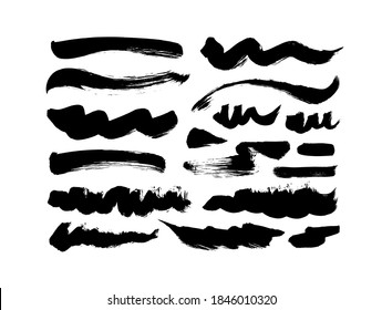 Black paint wavy and straight brush strokes vector collection. Dirty curved lines and wavy brushstrokes. Ink illustration isolated on white background. Modern grunge brush lines. Calligraphy smears.