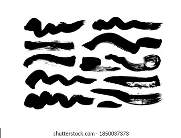 Black paint wavy and straight brush strokes vector collection. Dirty curved lines and wavy brushstrokes. Ink illustration isolated on white background. Modern grunge brush lines. Calligraphy smears.