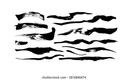 Black paint wavy and straight brush strokes vector collection. Dirty curved lines and wavy brushstrokes. Ink illustration isolated on white background. Modern grunge brush lines. Calligraphy smears.