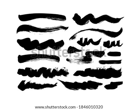 Black paint wavy and straight brush strokes vector collection. Dirty curved lines and wavy brushstrokes. Ink illustration isolated on white background. Modern grunge brush lines. Calligraphy smears.