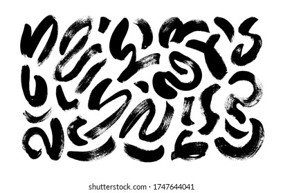 Black paint wavy and swirled brush strokes vector collection. Curved lines and wavy brushstrokes. Ink illustration isolated on white background. Modern grunge brush lines. Calligraphy smears, stamps.