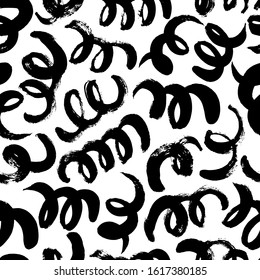 Black paintbrush curls vector seamless pattern. Chaotic monochrome scrawls decorative texture. Hand drawn ink brush scribbles with dry paint effect. Grungy wallpaper, stylish textile print design