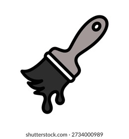 Ein schwarzer Pinsel mit grauem Griff tropft schwarze Farbe einzeln auf weißem Hintergrund. Die Borsten sind gespreizt und nass.