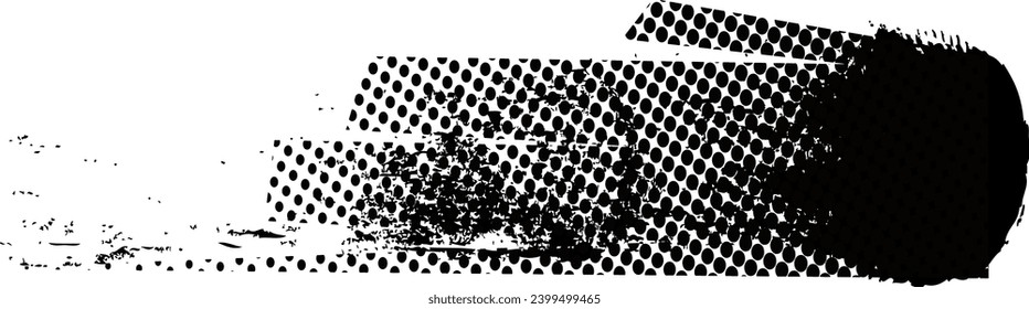 Schwarzer Pinsel platziert, abstrakt rau. Pinselstrich mit Schlag, Grunge-Stil, Halbtongrafie. Vektorgrafik