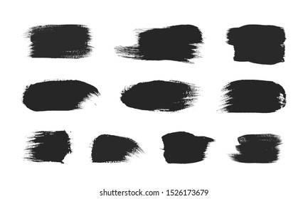 Black paintbrush strokes set isolated on white background. Abstract painted objects. Dirty texture watercolor brush blot. Grungy stain frame for text message. Universal hand drawn ink graphic element