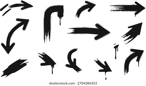 Elementos de grunge de flechas pintadas de negro con textura aislada sobre fondo transparente dibujando colección.