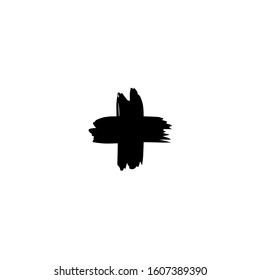 Black painted cross. Brush painting. Flat vector icon isolated on white.  Add or plus purchase pictogram.  Good for web and mobile design.
