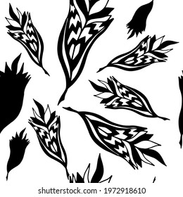 Black painted decorative feathers on a white background. Seamless pattern. Creative illustration. Vector illustration for web design or print.