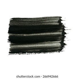 Black painted label isolated on white background. Grunge frame, badge, banner, poster design element. Distress texture effect. Brush strokes with splash, splatters, torn edges. Vector text box.