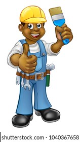 A black painter decorator handyman cartoon character holding a paintbrush and and giving a thumbs up