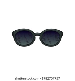 Black pair of classic sunglasses with dark oval frames in hand drawn sketch style - flat isolated vector illustration on white background. Summer fashion accessory.