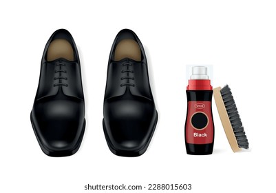 Black pair of shiny leather male shoes with shoe polish and brush realistic composition vector illustration