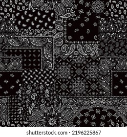 Black paisley bandana fabric patchwork abstract vector seamless pattern svg