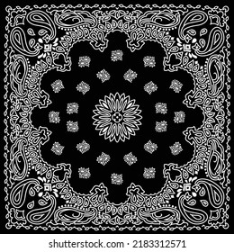 Black Paisley Bandanna Pattern on black and white background