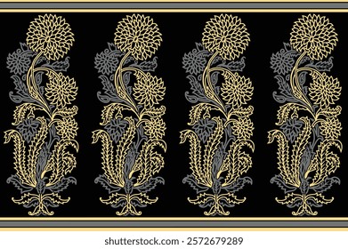 Black Paisley stripes combined with decorative ethnic patterns for wallpapers, gift wraps, and modern aesthetics.