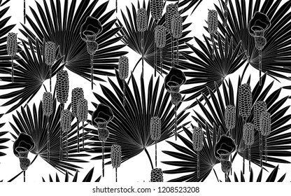 Black palm leaves pattern. Vector illustration. Botanical seamless wallpaper. Digital nature art. Cartoon style sketch. White background.