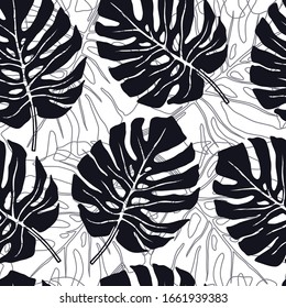 Black Palm leaves Vector illustration Summer seamless pattern Tropical forest set