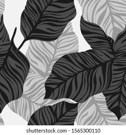 Black Palm Leaves Vector Seamless Pattern. Ebony Retro Jungle Background California Design. Mud Foliage Summer Backdrop. Graphite Jungle Leaves Texture