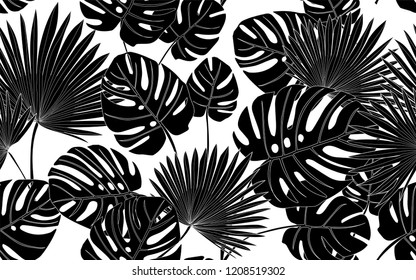 Black palm and monstera leaves pattern. Vector illustration. Botanical seamless wallpaper. Digital nature art. Cartoon style sketch. White background.