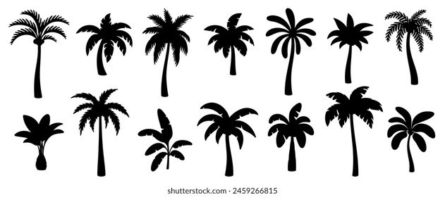 Black palm silhouettes. Tropical trees shadows. Variety beach palms with leaves. Oasis, paradise, island, resort, vacation monochrome symbols isolated on white background. Vector set. Hawaii nature