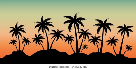 Black Palm Tree Border And Sunset Background , Vector Illustration
