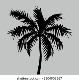 Black Palm Tree with CriLeaves Silhouette Vector Drawing.Tropical leaf stencil shadow isolated on grey background.Posters,Cards,Photo,Overlay,Print,Vinyl wall sticker decal.Plotter laser cut.DIY cut