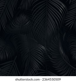 Black palm tree leaves on black background. Tropical palm leaves, floral seamless pattern vector illustration.