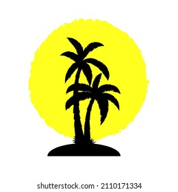 Black palm tree on yellow sun background.Design template icon,badge,pictogram,symbol.Vector illustration