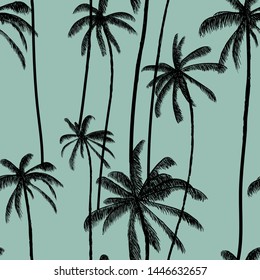 Black palm tree seamless pattern.  Summer pastel blue print. Swimwear hawaiian hand drawn design. Vector illustration.