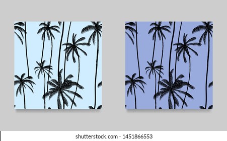 Black palm tree seamless pattern collection.  Summer pastel blue print. Swimwear hawaiian hand drawn design. Vector illustration.