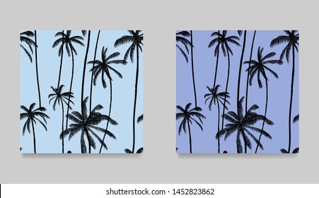 Black palm tree seamless pattern collection.  Natural pastel blue print. Swimwear hawaiian hand drawn design. Vector illustration.