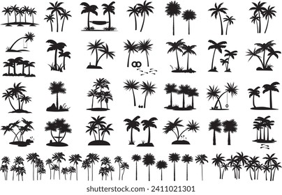 Black palm tree set vector illustration isolated on white background silhouette art black white stock illustration logo icon png. tropical, beach, landscape, pattern, paradise, coconut background