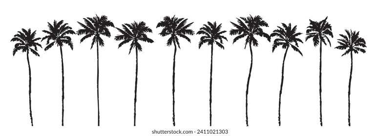 Black palm tree set vector illustration isolated on white background silhouette art black white stock illustration logo icon png. tropical, beach, landscape, pattern, paradise, coconut background