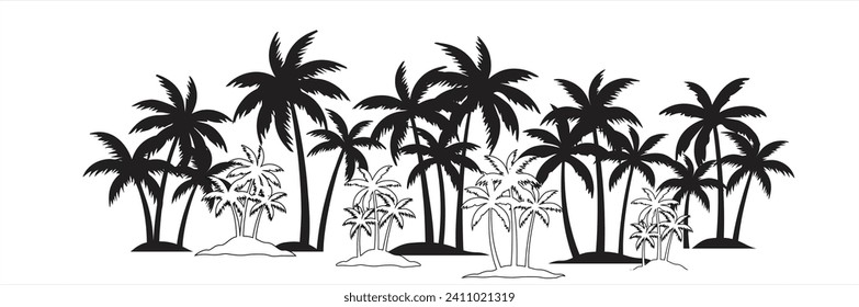 Black palm tree set vector illustration isolated on white background silhouette art black white stock illustration logo icon png. tropical, beach, landscape, pattern, paradise, coconut background