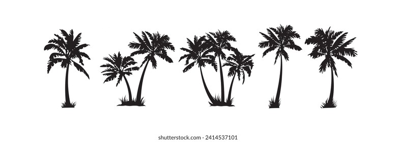 Black palm tree set vector illustration isolated on white background silhouette art black white stock illustration logo icon png. tropical, beach, landscape, pattern, paradise, coconut background