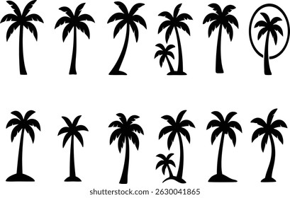 Black palm tree set vector illustration, silhouette art black white stock illustration on white background.