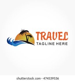 black palm tree silhouette with three blue line as waves and a sunset for travel business logo vector